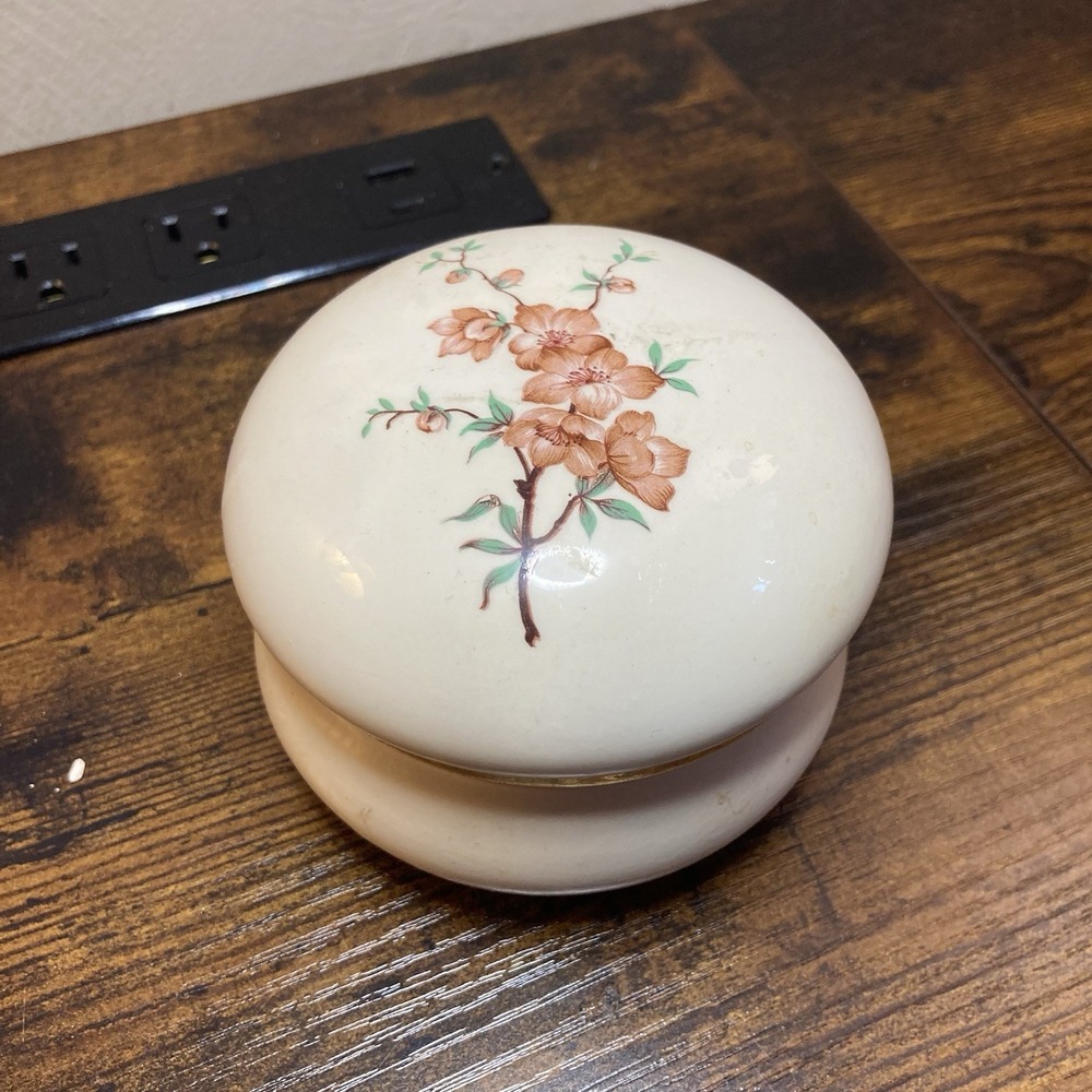Vintage Limoges Style Hand Painted Floral Trinket Box Round Lidded Jar